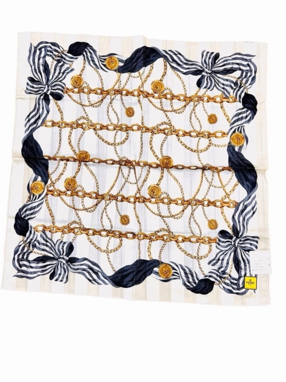 Fendi Large Collection Chain and Ribbon Print Cotton Scarf Handkerchief Scarf